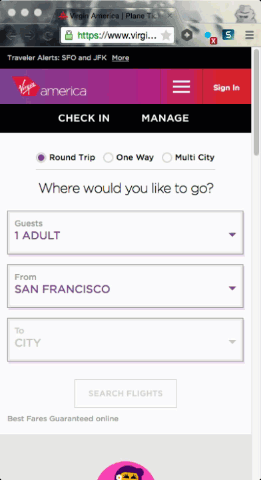 Virgin America’s use of an auto-scrolling responsive site makes using a mobile significantly easier.