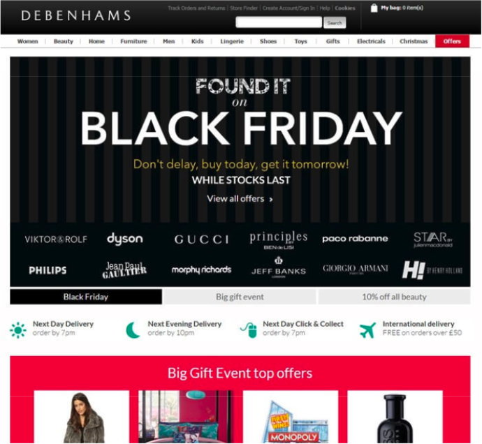 Example of a Black Friday homepage takeover on the Debenhams website